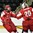 GRAND FORKS, NORTH DAKOTA - APRIL 14: Denmark's Oliver Gatz 36 and Mads-Emil Grandsoe #20 celebrate after a second period goal against Slovakia during preliminary round action at the 2016 IIHF Ice Hockey U18 World Championship. (Photo by Minas Panagiotakis/HHOF-IIHF Images)

